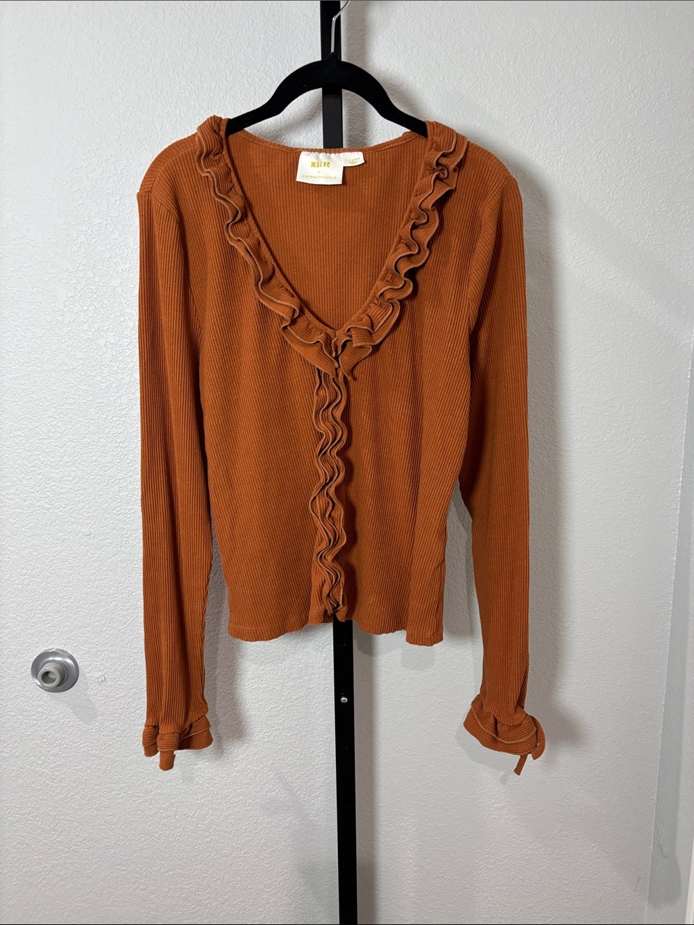 Maeve Anthropologie Burnt Orange Ruffle-Trim V-Neck Long Sleeve Top